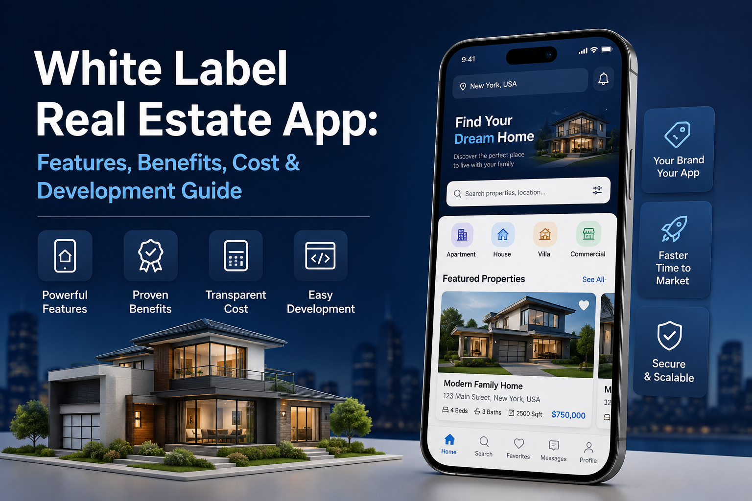 White label real estate app featuring property listings, mobile app interface, key features, benefits, cost, and development guide.