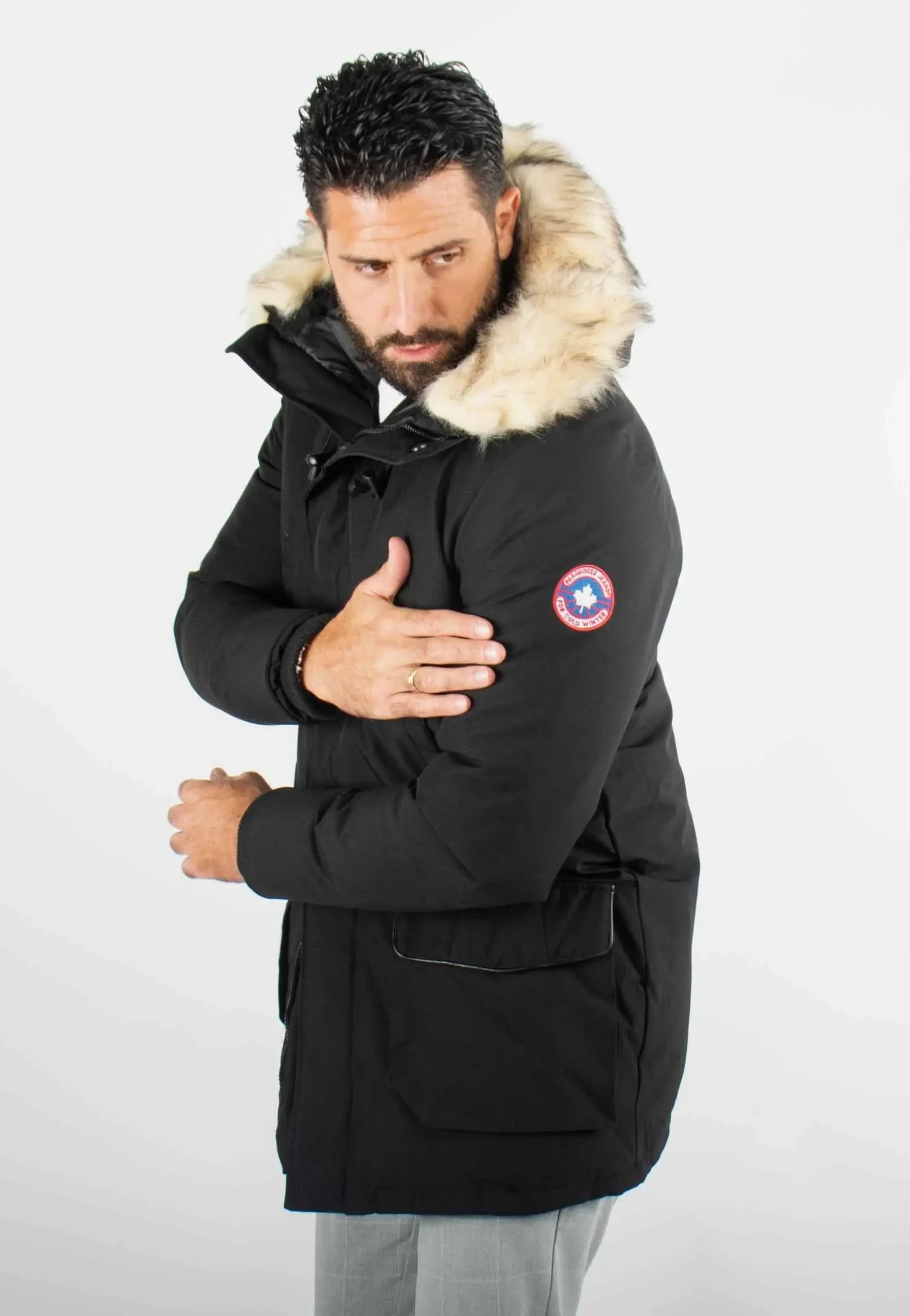 Parka Homme Paragoose MARIO – Veste Hiver à Capuche Fourrure Synthétique – Noir