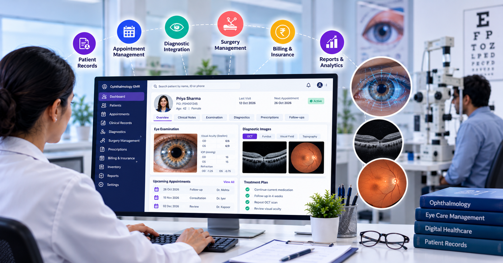 Digital healthcare software supporting patient records and clinical workflows in an ophthalmology clinic
